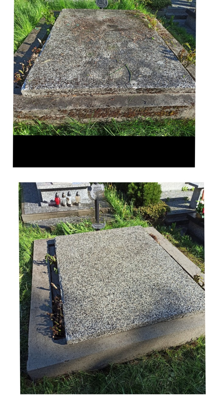 Czyszczenie płyty nagrobnej na cmentarzu Wilkowyja w Rzeszowie