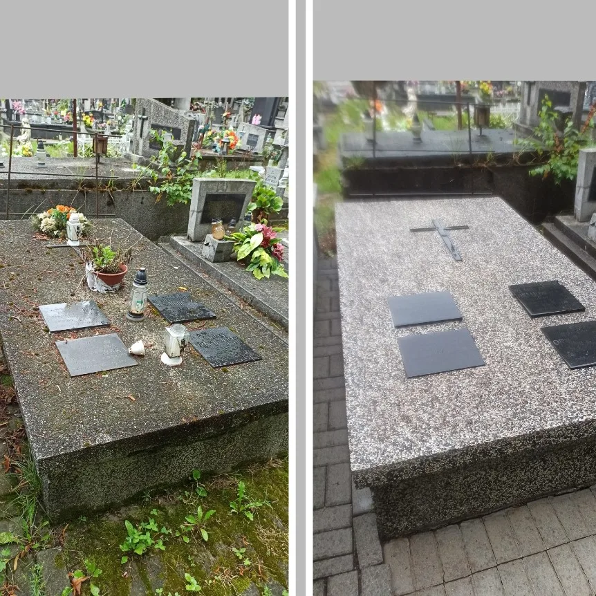Czyszczenie nagrobka wykonanego z lastryko na cmentarzu Pobitno w Rzeszowie